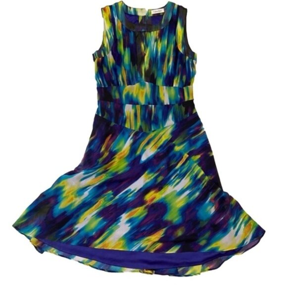 CALVIN Klein dress woven Aline multicolored chiffon fit flair sleeveles summer 4 - Picture 1 of 15